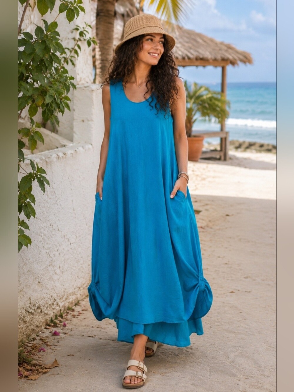 Vintage 90s Dunes Large Turquoise Cotton Tank Balloon Overlaid Maxi Dress Lounge